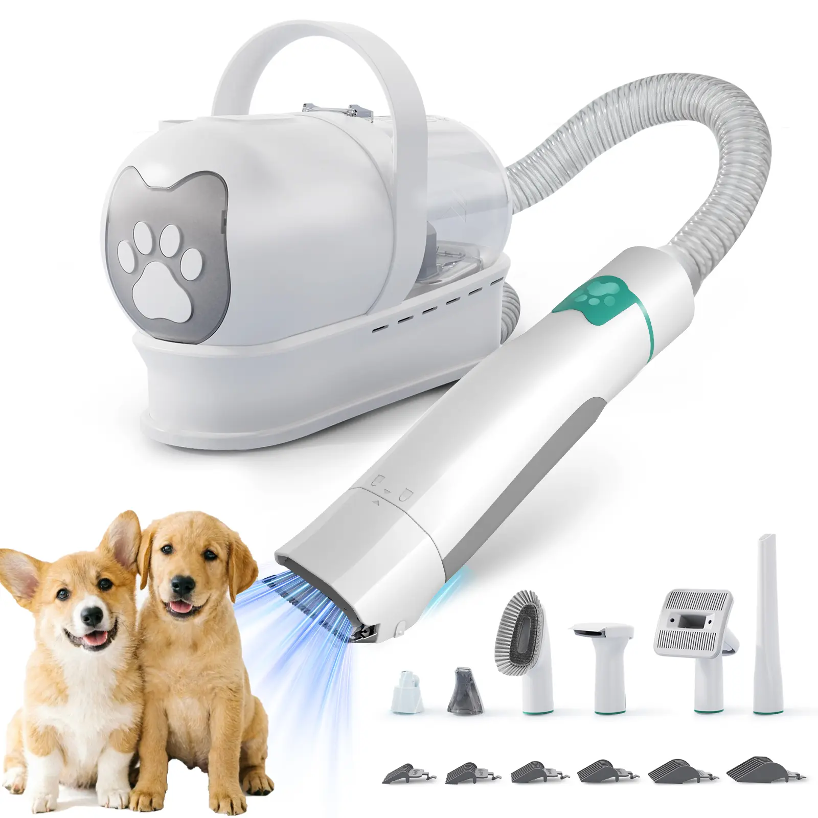 7-in-1 Home Pet Grooming Vacuum Kit, Dog & Cat Trimmer Set with Paw Hair Shear, Nail Grinder, Nozzle & 6 Guard Combs