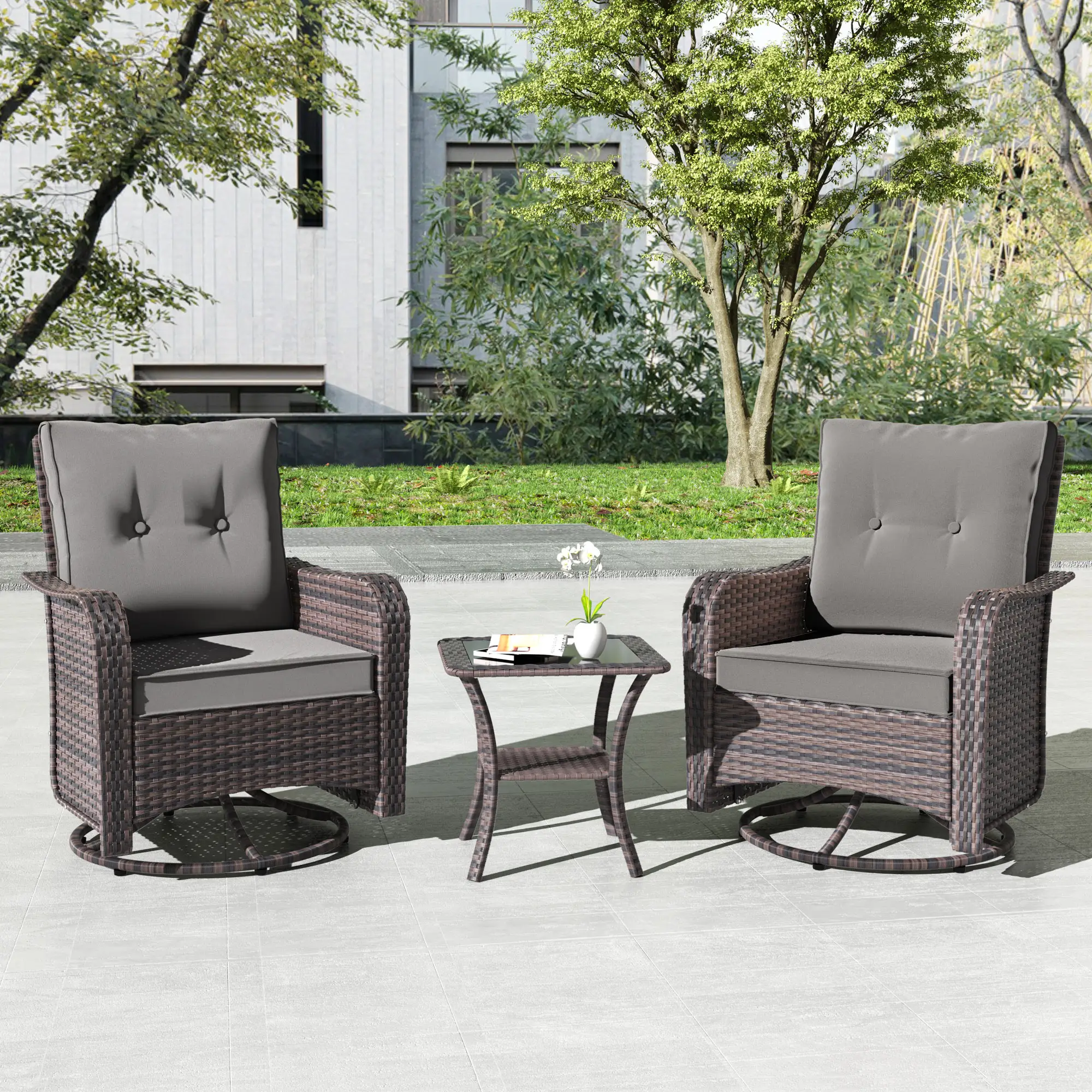 Kullavik 3 Pieces Patio Furniture Set with 4-inch Thick Cushion,360 Degree Swivel Rocking Chairs and Rattan Side Table for Garden,Porch,Backyard