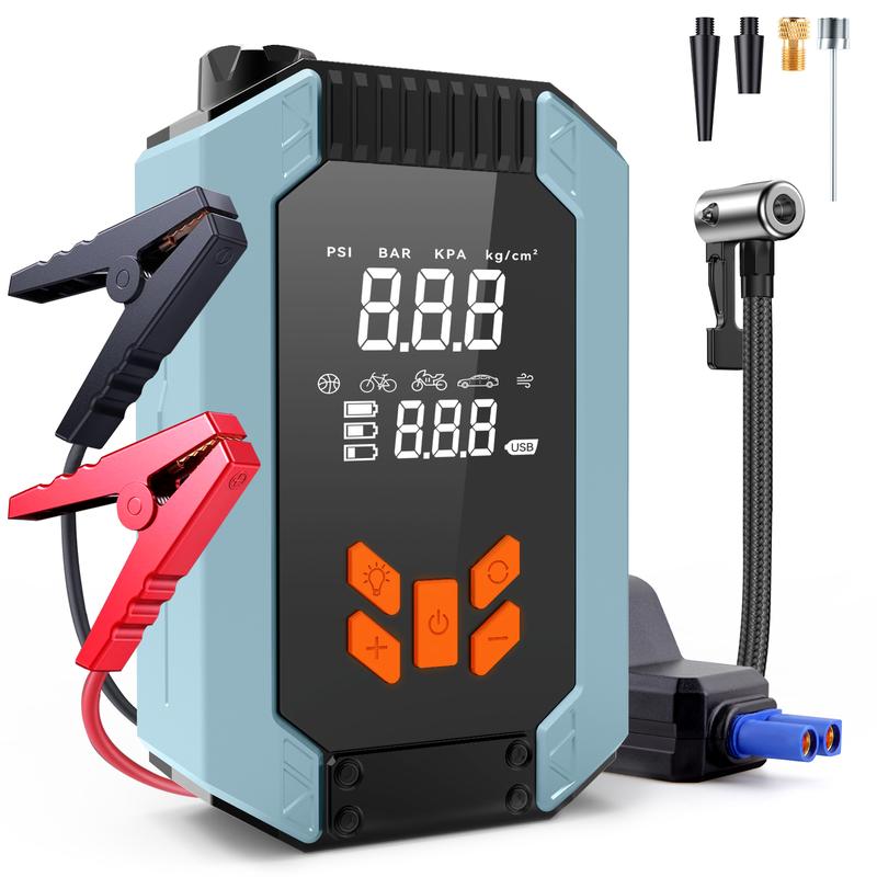 Portable Car Jump Starter with Air Compressor, 12V Battery Booster for 6L Gas/3L DL, 1000A 150PSI Tire Inflator, Smart Jumper Cables, LED Flashlight, LCD & Tire Pressure Display