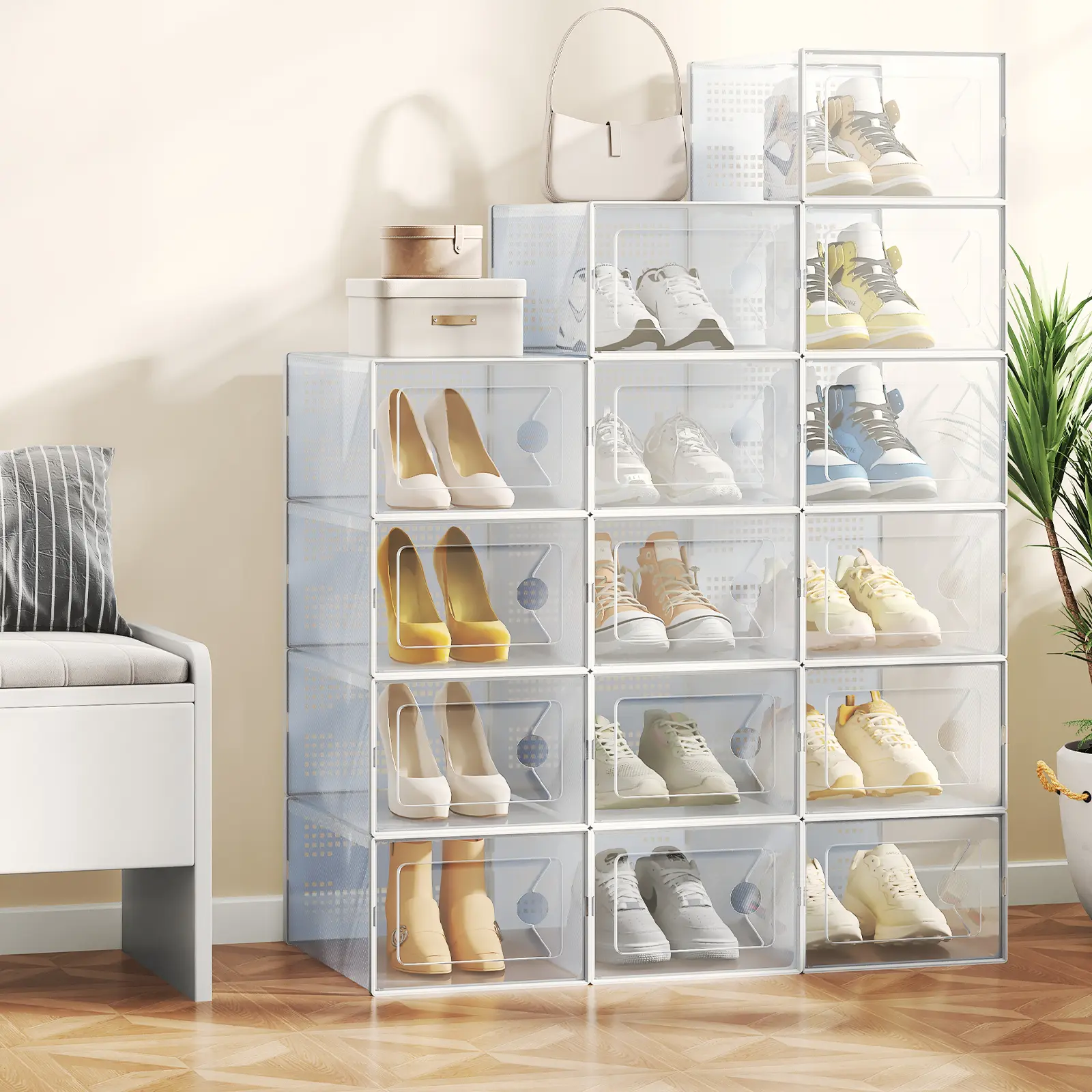 Sweetcrispy Stackable Plastic Shoe Storage Organizer Boxes with Lids - Foldable, High Capacity, Expandable, Secure Interlocking Connectors, Breathable Vents, Transparent Fronts, Space-Saving, Multifunctional, Large & X-Large Sizes for Under Bed, Closet, I Sweetcrispy Stackable Plastic Shoe Storage Organizer Boxes with Lids - Foldable, High Capacity, Expandable, Secure Interlocking Connectors, Breathable Vents, Transparent Fronts, Space-Saving, Multifunctional, Large & X-Large Sizes for Under Bed, Closet, I