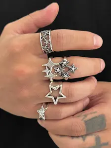 Punk Style Pentagram Multi-Shape Ring Set, 5 Piece Punk Jewelry Series, Vintage Punk Wind Pentagon Accessory, Fashion Stackable Rings, All Seasons