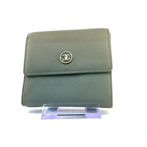 Pre-owned CHANEL Caviar Leather Wallet Compact Tri Fold – Light Olive Green with Classic Logo