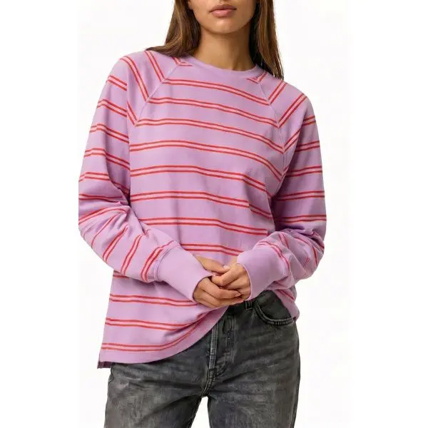 Fisoew Women's Lightweight Elegant Essential Fashion Horizontal Striped Raglan Longsleeve Top - Crew Neck, Oversized Loose Fit, Side Slit, Rib Cuff Casual Tunic Shirt, Solid, Longsleeves, Jersey, Vintage