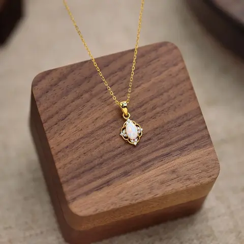 S925 Silver Elegant Minimalist Opal Pendant Necklace - Handcrafted Vintage-Inspired Hypoallergenic Customizable Artificial Gemstone Unique Jewelry, Adjustable Dual-Length Chain Dainty Adult Daily Wear Gift