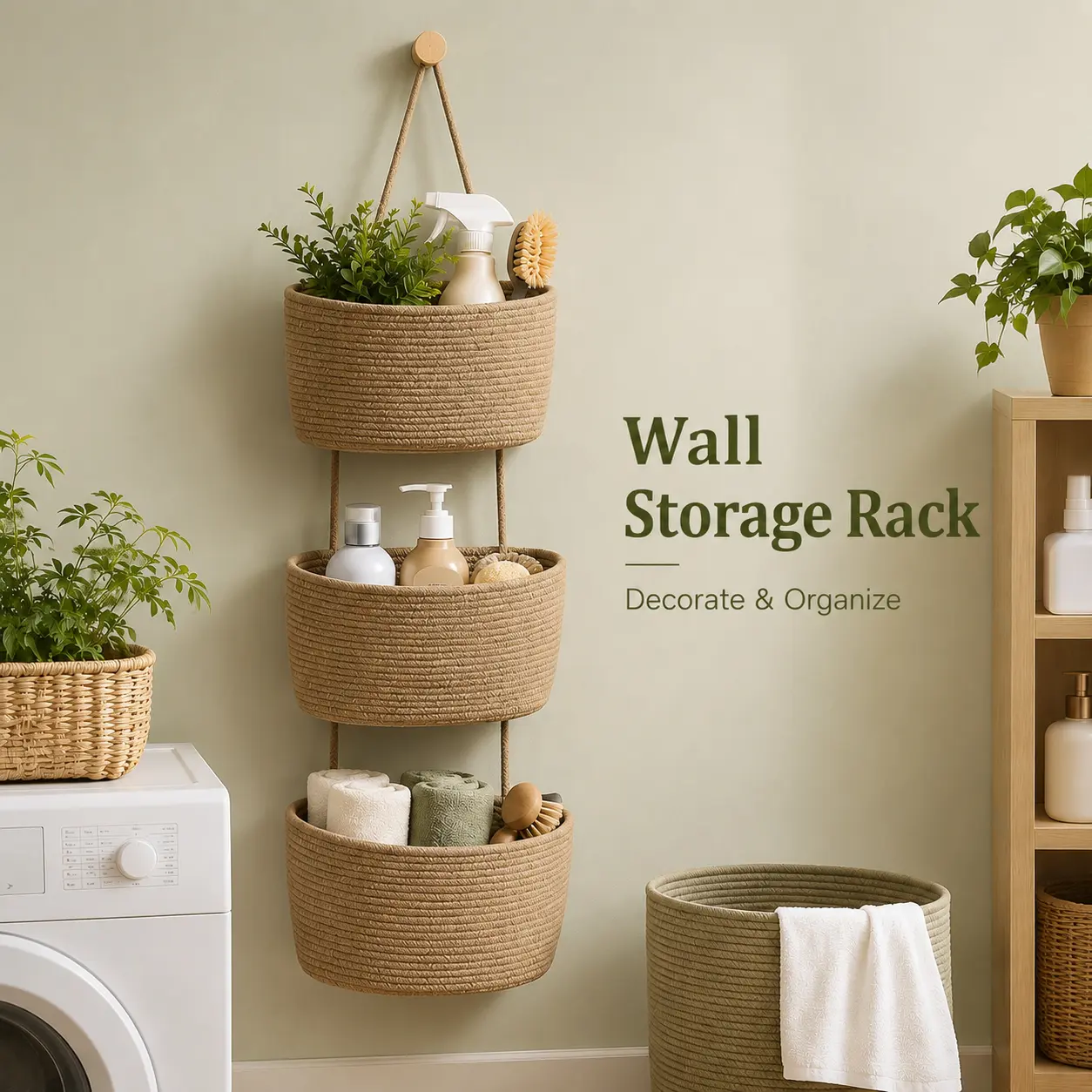 3 Tier Wall Mounted Woven Hanging Basket, Over The Door Storage Organizer with Hooks, Cotton Rope Hanging Basket for Bedroom, Kitchen, Bathroom & Living Room, Decorative Basket for Home Organization house