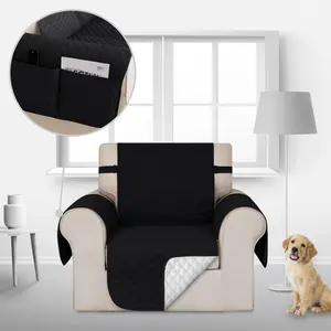 Deconovo Black Taffeta Sofa Cover with Anti-Slip Dots & Diamond Quilted Design for Recliners with Storage Pockets