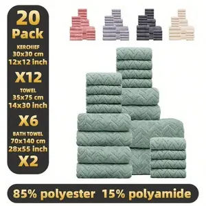 20pcs Bathroom Towels Set,including 12 Washcloths +6 Bath Towels + 2 Bath Towels,microfiber material,Absorbent Towel,Multi-color Options,soft and comfortable,Hanging rope design,Suitable for Bathroom Shower, Hotel