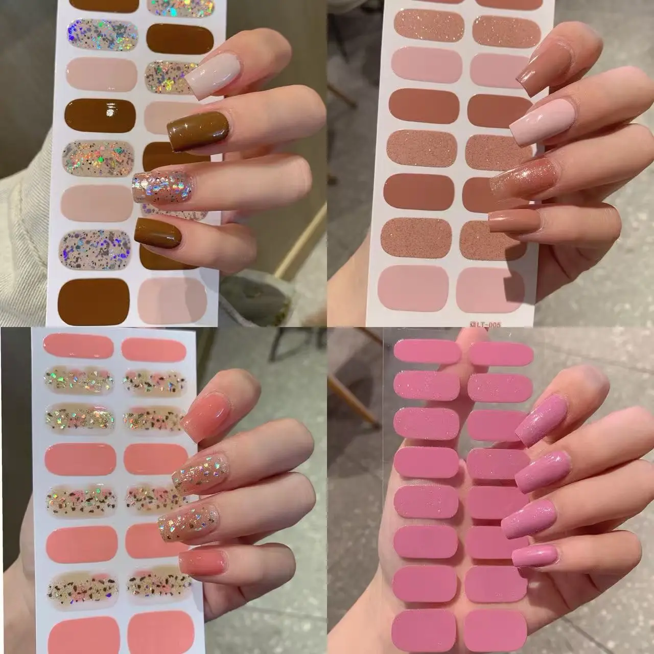 4 Piece Full Nail Wrap Stickers, Shimmer Self-Adhesive Gel Nails, DIY Nail Art Home Manicure Kit for Women, Medium Oval Shape