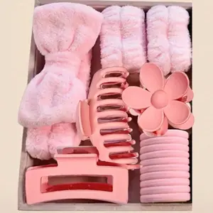 16pcs Pamper Pack: Fleece Headband, Face Towel, Hair Tie, Wristband, Plush Hair Circle, Flower Hair Clip, Claw Clip
