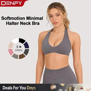 DENFY Softmotion Minimal Halter Neck Bralette for Women - Seamless Open Back Padded Low Impact Sports Bra Yoga Gym Everyday Activewear Tank Top