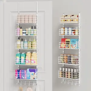 Over The Door Organizer - Door Hanging Organizer with 5 Adjustable Metal Large Capacity Baskets and 6 Coat Hooks, Wall Mounted Shelf for Bedroom Closet Bathroom Laundry Pantry Cabinet Kitchen