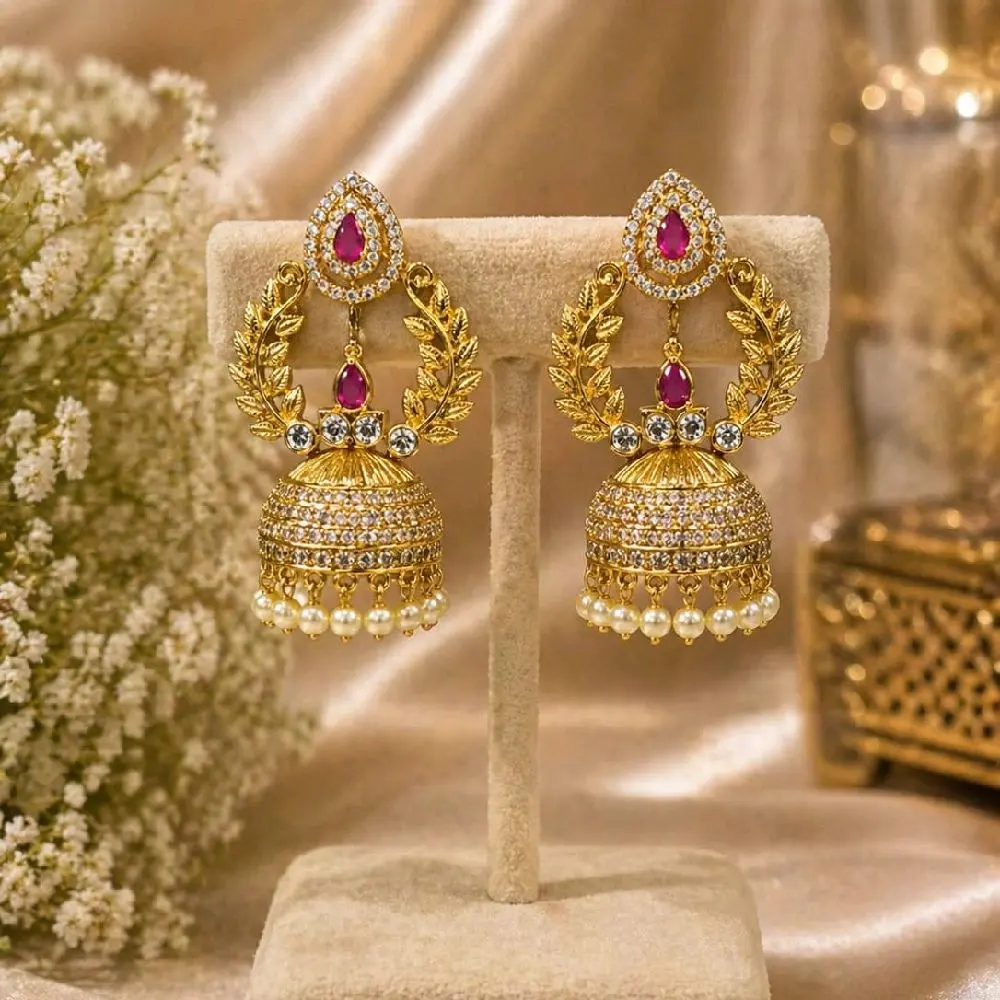 Gold Plated AD Mini Jhumka Earrings with Leaf Design and Ruby Accents for Women