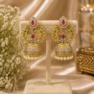 Gold Plated AD Mini Jhumka Earrings with Leaf Design and Ruby Accents for Women