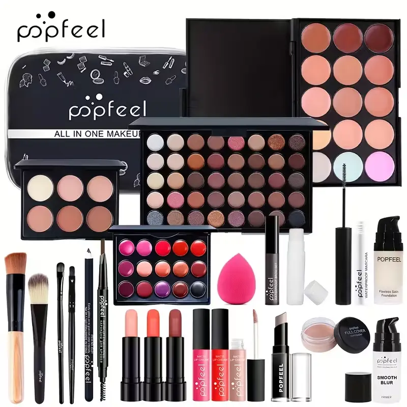 Popfeel Regular Edition 24-Piece Makeup Set - 40-Color Eyeshadow Palette, Glossy Lip Products, Smoothing Foundation, Blush, Waterproof Makeup Brush Full Set - Beginner-Focused, All Skin Types Mother's Day Gift
