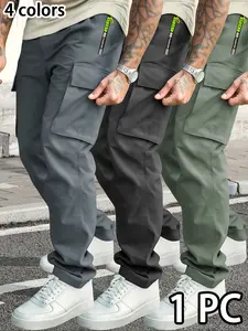 Men’s casual cargo pants, one-piece pack; straight-leg athletic long pants for spring and autumn, drawstring, zippered pockets, suitable for outdoor everyday jogging.