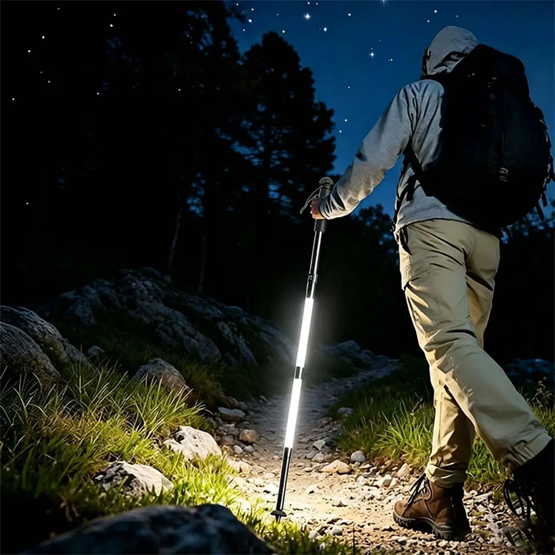 Multifunctional Aluminum Alloy Trekking Poles - 44.1in Collapsible Staff Hiking Sticks with Built-in Rechargeable Flashlight Glow Lamp, Lightweight, Portable for Hiking Camping, Multifunctional Trekking Poles, Glow In The Dark, Built-In Flashlight Hiking