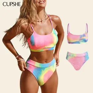 CUPSHE Women's Bikini Set Two Piece Swimsuits Stylish Beachwear High Waisted Scoop Neck Spaghetti Adjustable Straps Textured Swimwear(XS-XXL) Bathing Suits Bathing suit #tiktokshopmemorialday