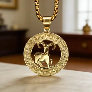 Trendy Vintage Titanium Steel Openwork Zodiac Embossed Couple Necklace