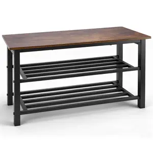 Shoe Rack Bench, Hardwood & Alloy Steal Entryway Storage Organizer, Shoe Stand for Front Door Entrance, Bedroom, Living Room (3-Tier Shoe Bench)