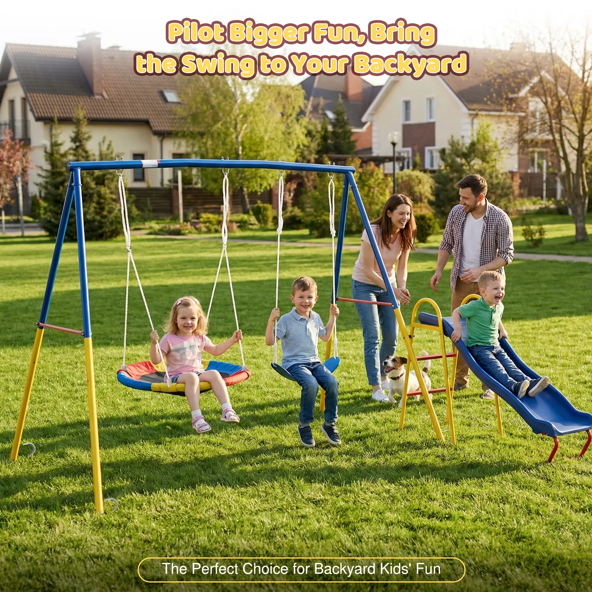 3-in-1 Heavy-Duty Metal Outdoor Swing Chair Set with Kids Slide, Backyard Play Equipment for Patio Furniture