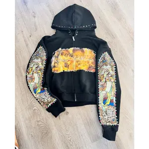Men and women loose casual simple zipper jacket American retro splicing hot diamond print cartoon design hooded sweatshirt