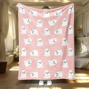 Halloween Theme Flannel Blanket with Ghost Print, Soft Warm Throw for Office Living Room Bed Sofa Nap Air Conditioning Use, Decorative Giftable Blankets, Flannel Cozy Blanket