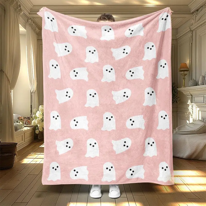 Halloween Theme Flannel Blanket with Ghost Print, Soft Warm Throw for Office Living Room Home Bed Sofa Nap Air Conditioning Use, Decorative Giftable Blankets, Flannel Cozy Blanket