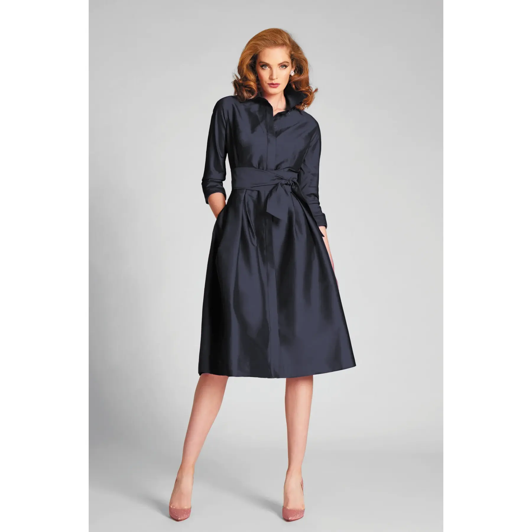 Teri Jon 3/4 Sleeve Belted Taffeta Shirtdress 69224