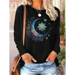 Women's Long-sleeve Top Women Bohemian Style Moon Star Print Long Sleeve T-Shirt - Soft Medium Stretch Round Neck Loose Fit Casual Top with Sky Night Scene Design