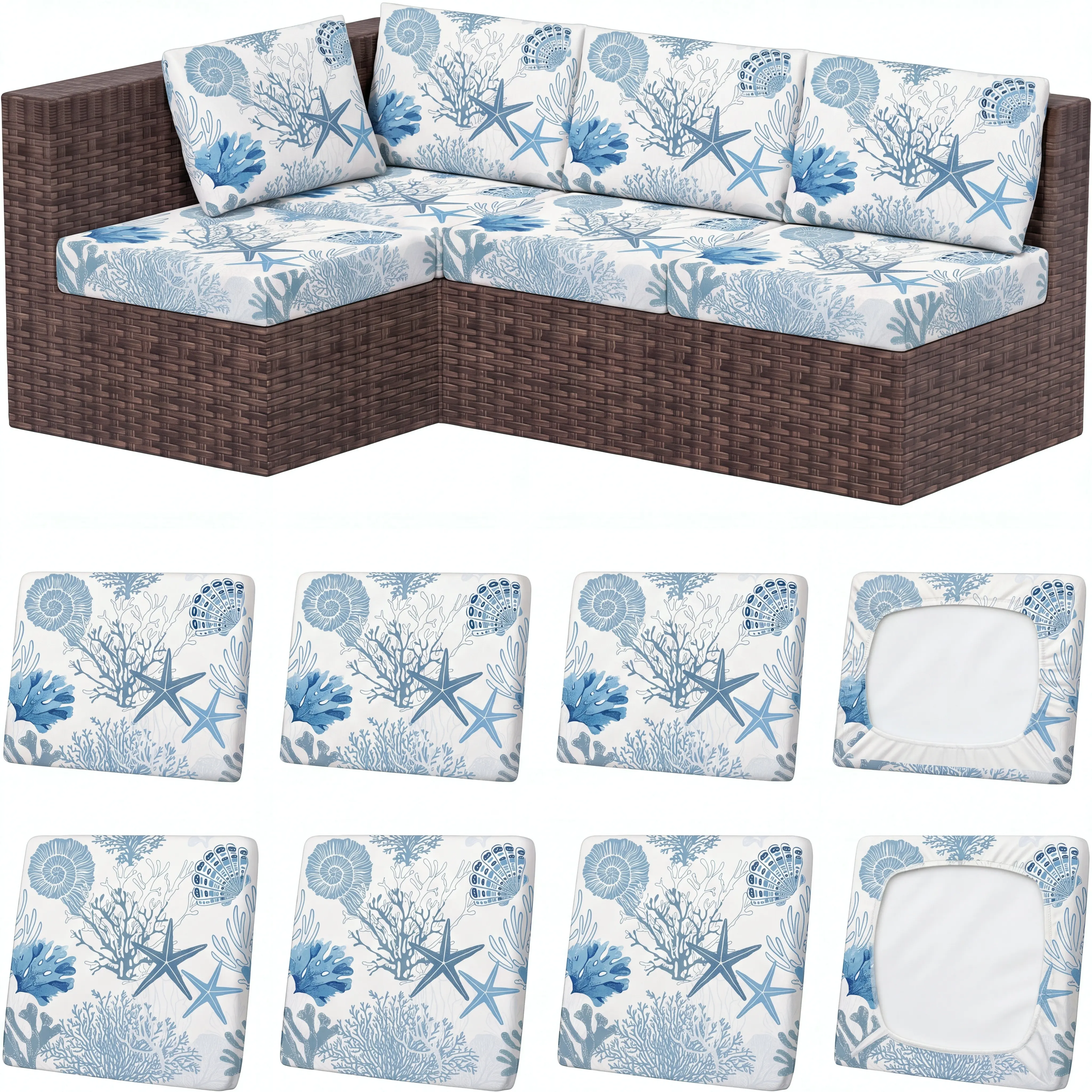8 Pcs Outdoor Cushion Covers, Stretch Patio Sofa Couch Slipcovers, Washable Anti-Slip Elastic Seat Covers, Replacement Furniture Protector for Patio Chairs, Porch, Deck, Pets, Kids & Summer Decor