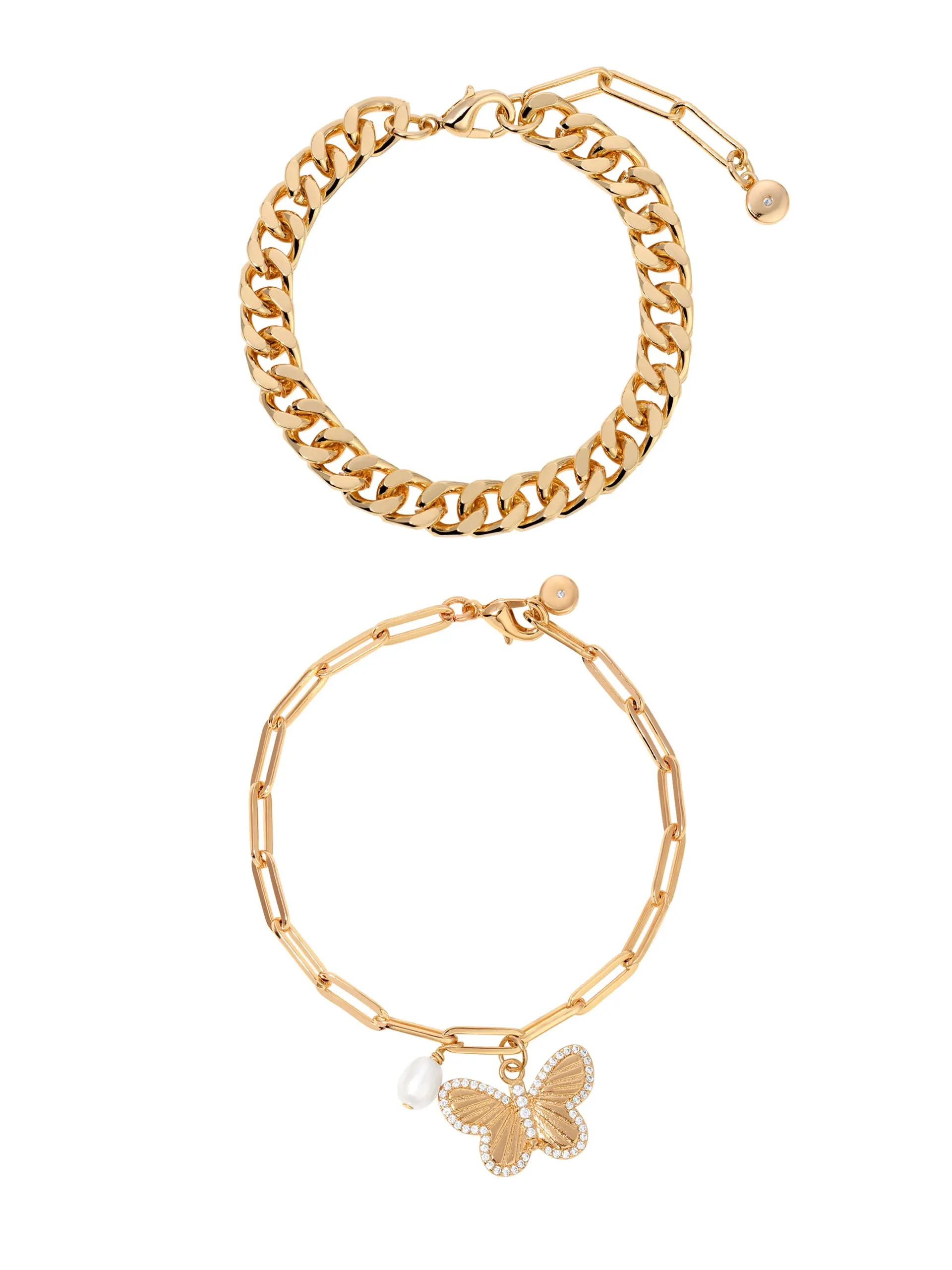 Ettika Butterfly Bracelet Set 18k Gold Plated Steel & Brass with Cubic Zirconia & Fresh Water Pearl 6.5" Adjustable Length with 1" Extender Chain