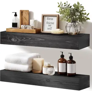 17x3x7 inch Floating Shelves Wall Mounted - Set of 2 Black Rustic Solid Wood Wall Shelf - Heavy Duty Decorative Fireplace Mantel for Living Room Bedroom Bathroom Kitchen