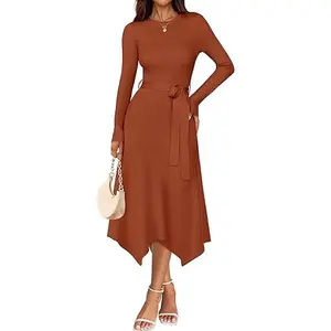 ZESICA Long Sleeve Sweater Dresses for Women 2026 Fall Winter Crewneck Ribbed Knit High Waist Midi Dress with Belt