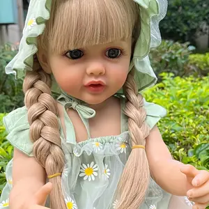 Reborn 22inch 55cm Soft Touch Lifelike Baby Doll with Long Hair, Green Outfit, and Floral Details, Ideal for Kids' Gifts