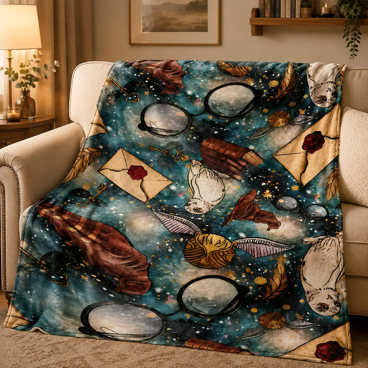 Magic Wizard Flannel Blanket, Enchanted Owl Letter Glasses & Flying Ball Print, 280gsm Soft Cozy Teal Throw for Couch Bed Bedroom, Fantasy Room Decor