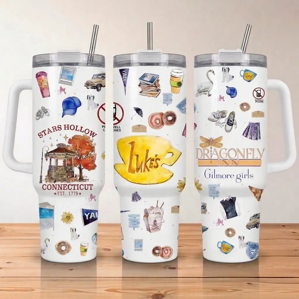 Gilmore Girls 40oz Stainless Steel Tumbler, Double Wall Insulated Travel Mug with Handle & Straw, Stars Hollow Coffee Cup, Luke's Diner Inspired Tumbler, Vacuum Insulated Travel Cup, Gift for Coffee Lovers