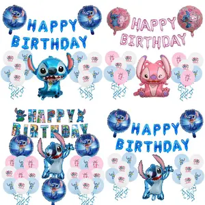 Disney Stitch Birthday Party Set with Happy Birthday Balloons and Stitch Character Decorations for Kids' Celebrations