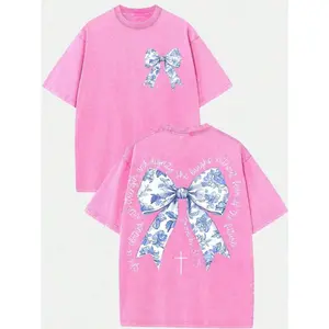 B-Proverbs 31:25 Christian T-Shirt Women Vintage Washed Oversized Tee Coquette Floral Bow Graphic Heavyweight Cotton Streetwear Religious Faith Gift Retro 90s Aesthetic Boxy Fit Shirt She Is Clothed With Strength and Dignity Bible Verse Back Print