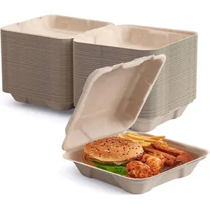 50 Pack Clamshell To Go Containers, 100% Compostable Disposable Take Out Food Containers, 8X8 inch Heavy-Duty To Go Boxes, Eco-Friendly Biodegradable To Go  For Food