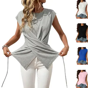 SCUSTY Women’s Twist Front Cross Wrap Crop Top, Cap Sleeve Crew Neck Backless Cutout Tie Knot Irregular Hem Summer Casual Tee