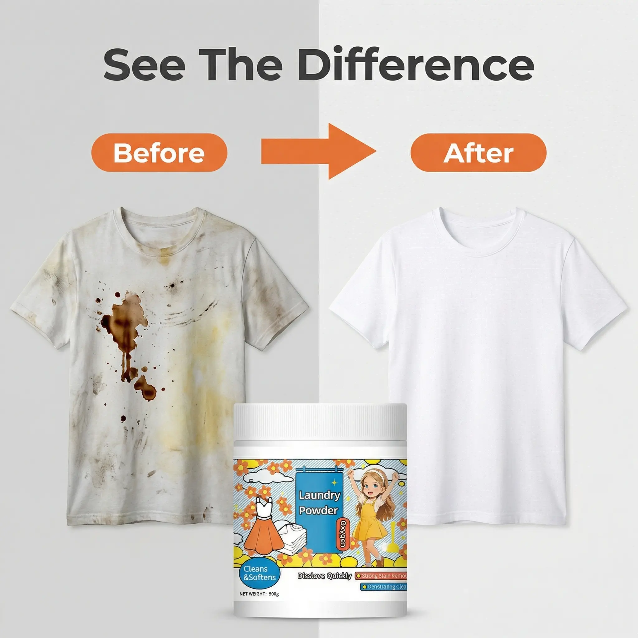 Hyper Concentrated Strong Stain Remover Cleaning Powder Detergent (500g) - Chlorine-Free Oxygen-Based Formula, Natural Extract, Baby-Friendly, Safe for Household Fabrics & Stainless Steel, Home Care Essential