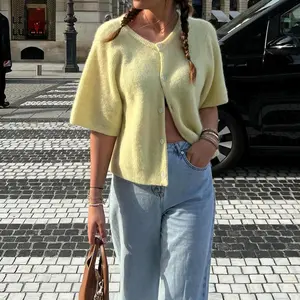 Women Lightweight Knitted Cropped Cardigan Shirt Short Sleeve Button Down Sweater Y2k Open Front Loose Ribbed Shirt