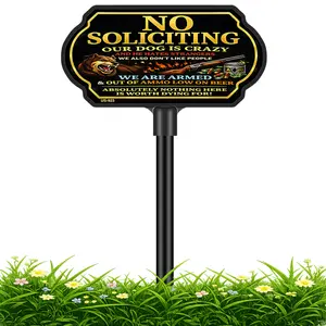 Funny No Soliciting Sign with Dog and Armed Warning, 10x5 Heavy Duty 40 Mil Aluminum Do Not Knock Signs for Home with 37" Adjustable Stake, Weatherproof Humor Yard Sign for Wall, Fence or Lawn