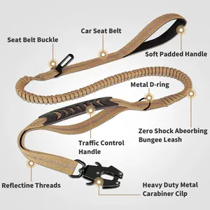 2-in-1 Bungee Dog Leash & Car Seat Belt Zero Shock Absorbing Pet Leash with Reflective Threads for Travel & Walking