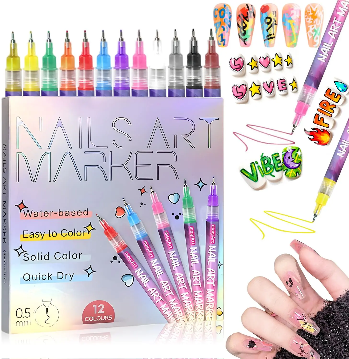 3D Nail Art Pens, 12 sticks 0.5 MM Nail Marker Pens Nail Point Graffiti Dotting Drawing Painting Liner Pen for Home Salon Quickly Diy doodle Nail Art Gifi, christmas birthday gift