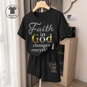 Women's Faith In God Changes Everything Graphic Short Sleeve T-Shirt And Shorts Set, Casual Summer Two-Piece Outfit With Crew Neck Top And Drawstring Waist Shorts For Daily Wear
