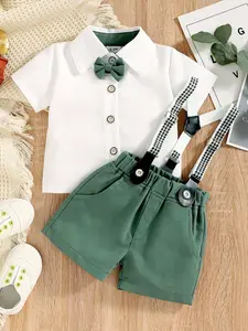 Boys' Gentleman Formal 3-Piece Set, Toddler Suit, Bow Tie Shirt Short Sleeve Top + Plaid Shorts, Summer Dress Suit for Infants