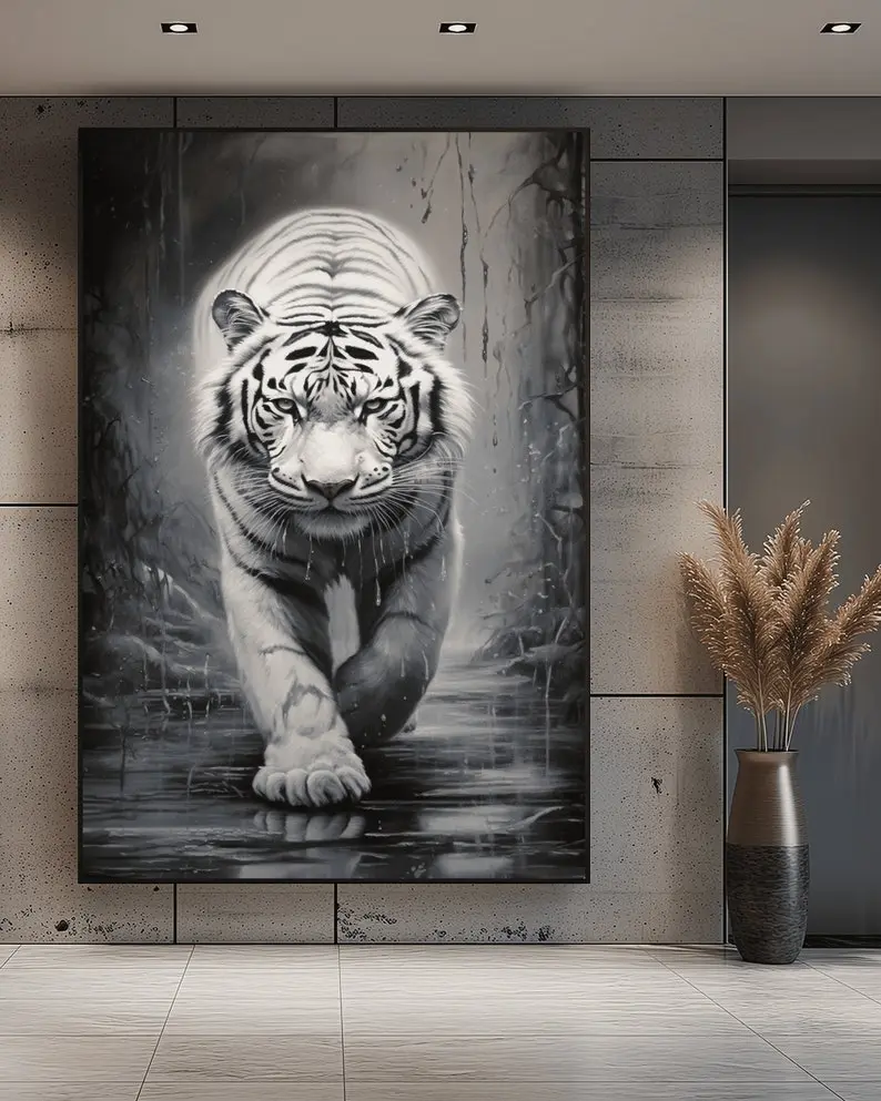 White Tiger Print, Black and White Tiger Wall Art, Animal Print Tiger Painting. Decor Poster
