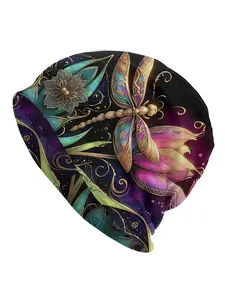 Fashionable Dragonfly Print Knitted Beanie Cap, 95% Polyester 5% Elastane, Stretchable Unisex Winter Hat, Stylish Headwear fo Flower Hat