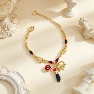 14K Gold Plated Elephant Evil Eye Bracelet, Adjustable Bohemian Style, Hypoallergenic, Anklet Option, Ideal for Sports & Outdoor Use
